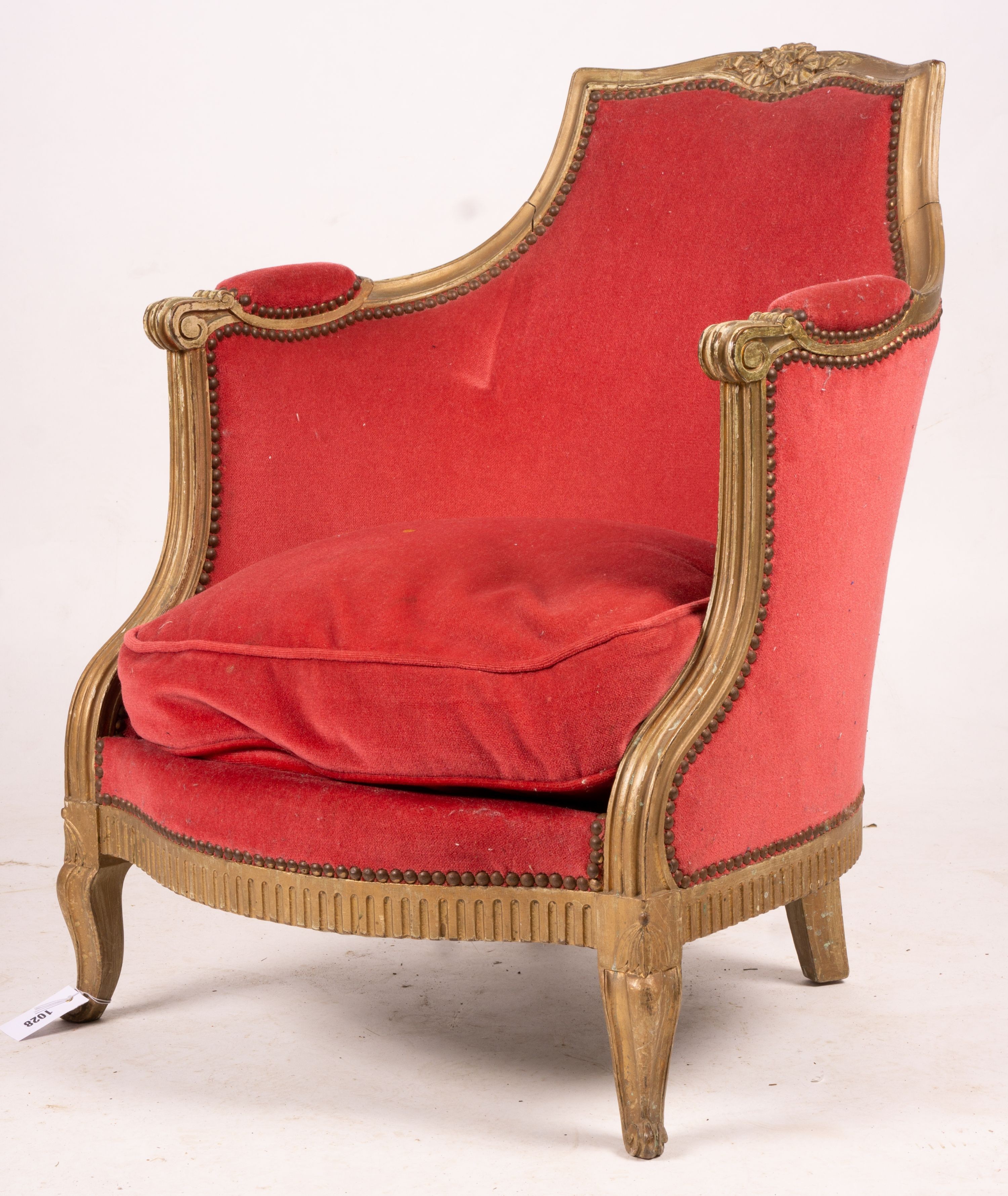 A late 19th century French giltwood tub shaped side chair, width 61cm, depth 62cm, height 78cm